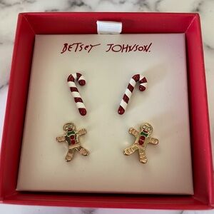 New Betsey Johnson 2 Pair Candy Cane & Gingerbread Man Stud Earrings Set